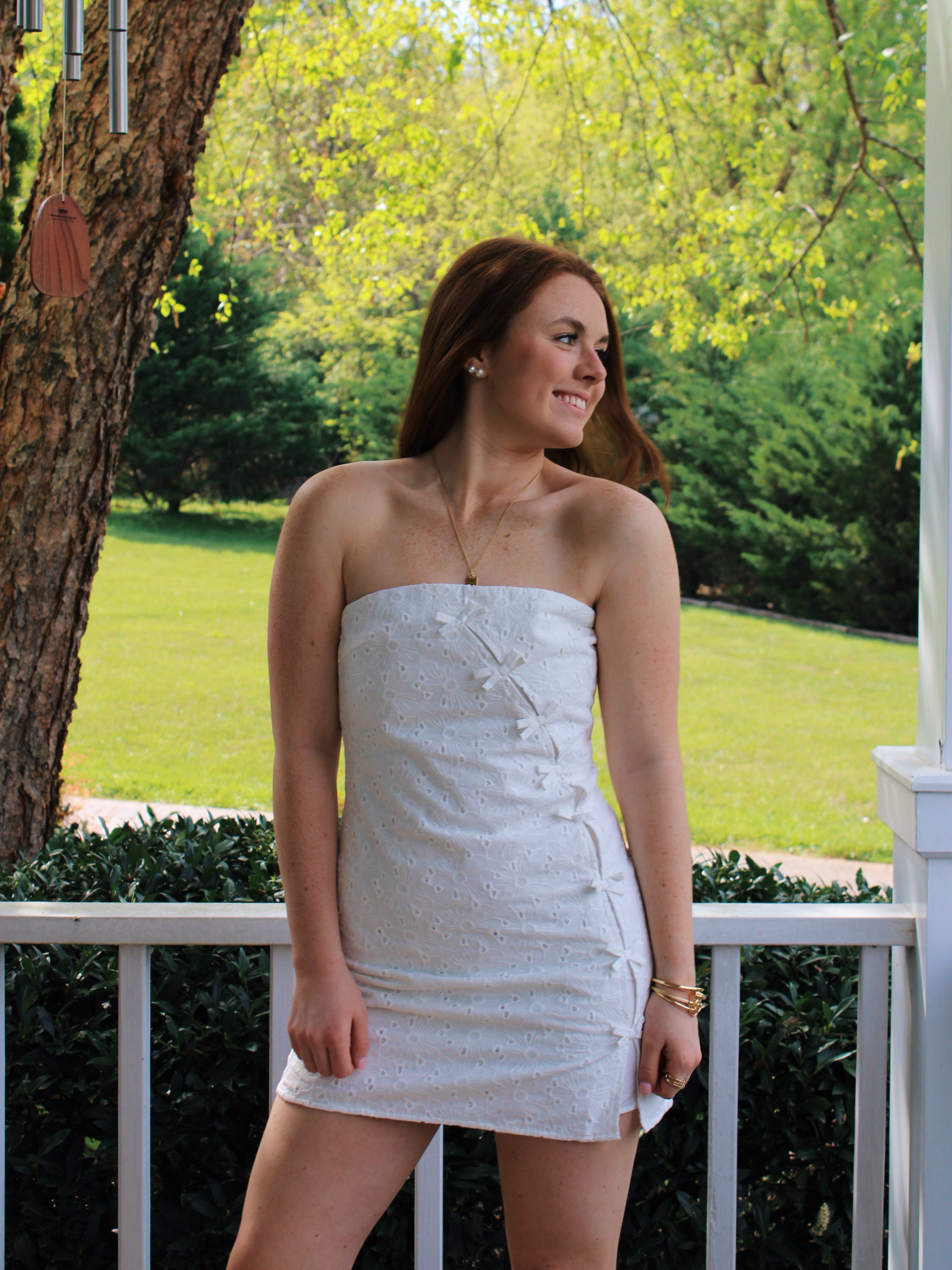 strapless bow mini dress Meredith Strapless Bow Mini Dress - Whit by Meshki