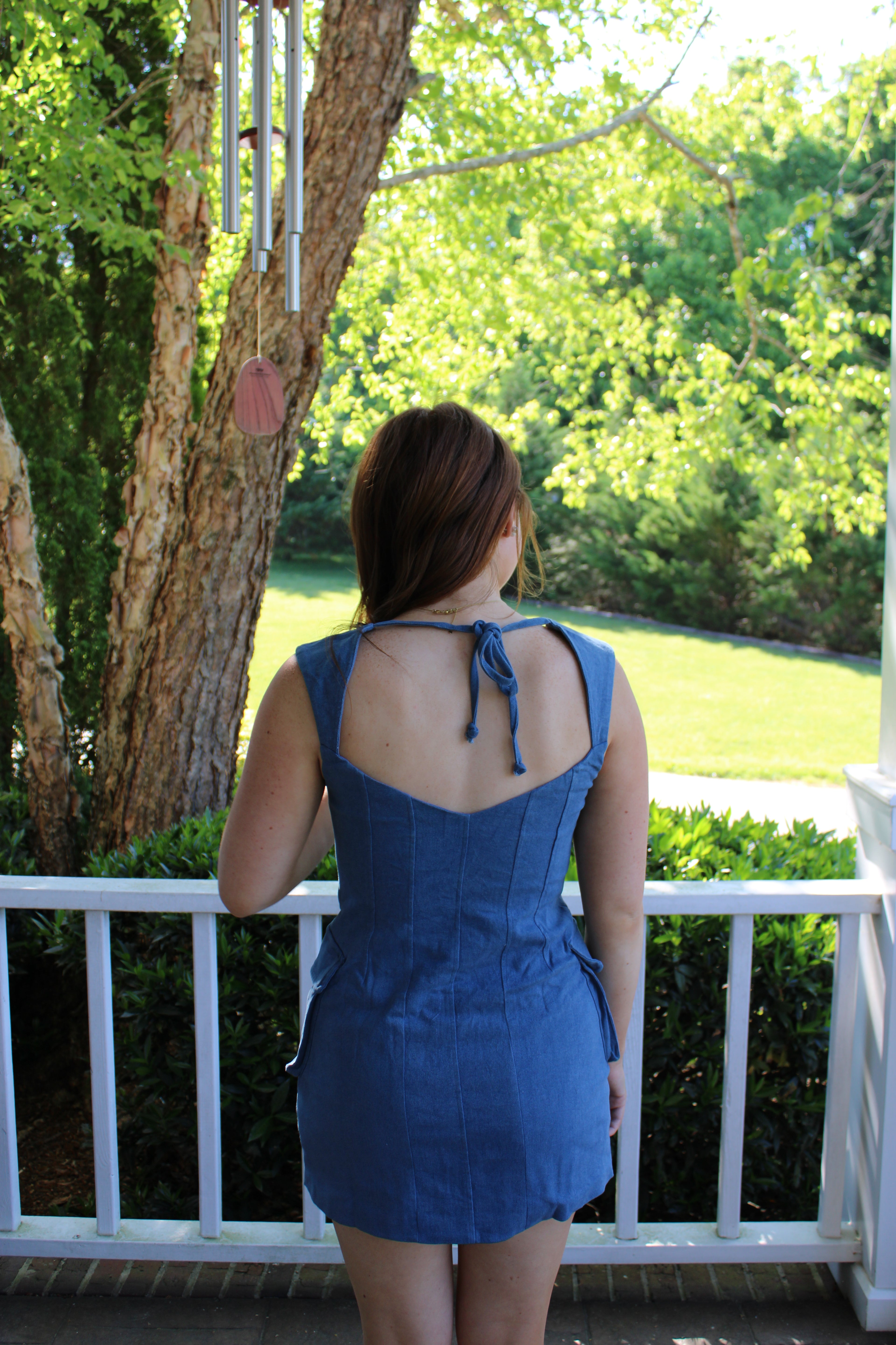 Denim Open Back Tie Mini Dress