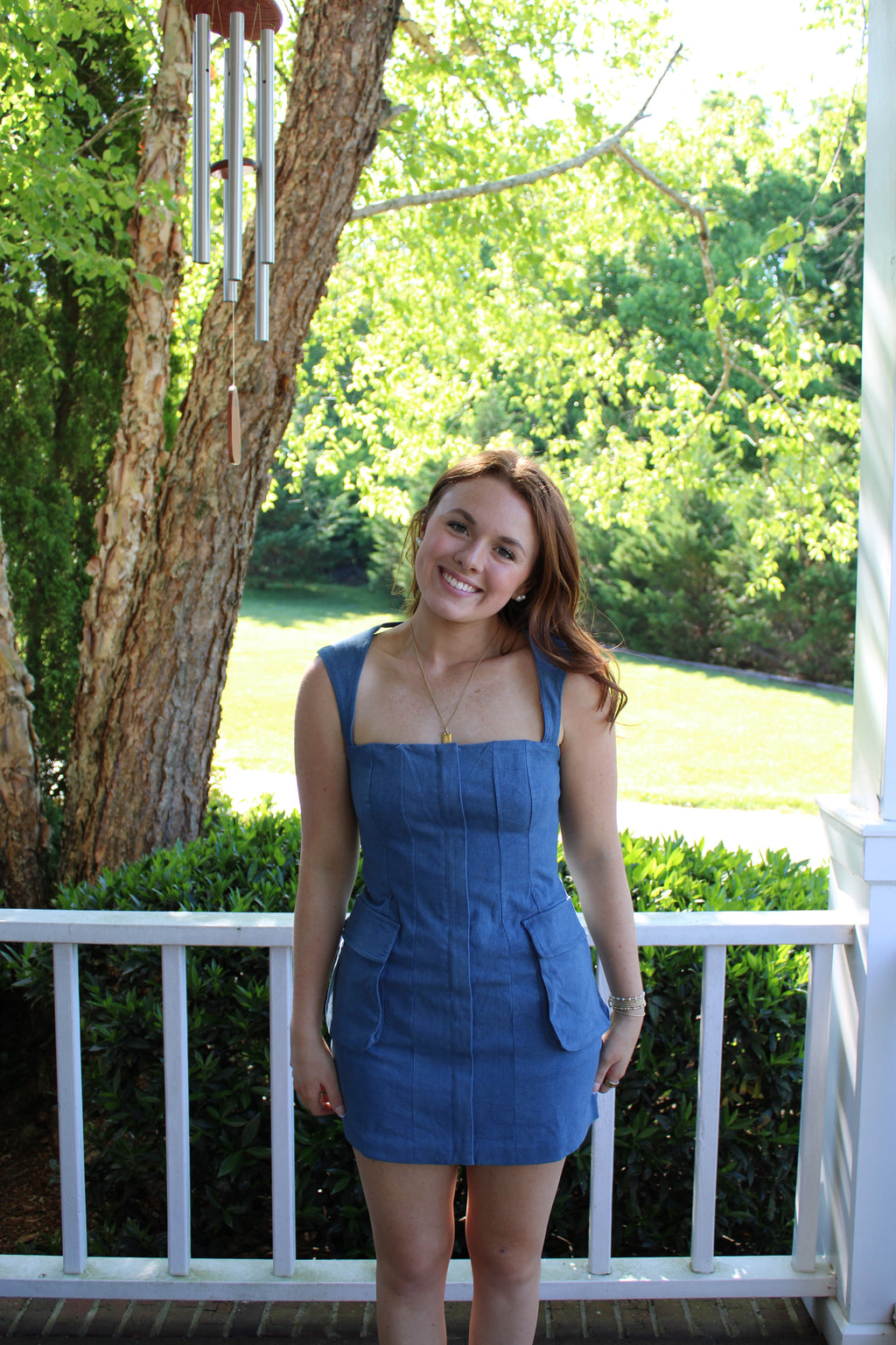Denim Open Back Tie Mini Dress