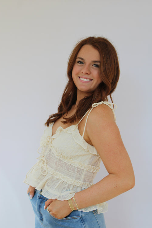 IVORY FLORAL TIE STRAP RUFFLE TIERED CROP TOP