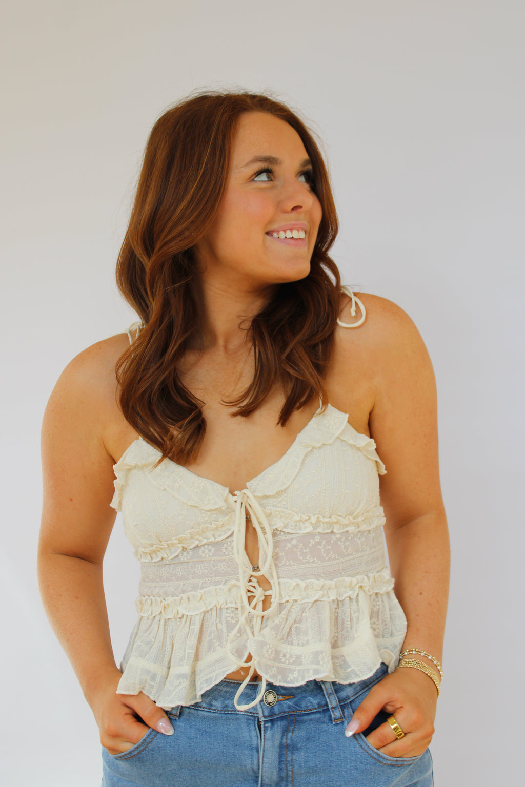 IVORY FLORAL TIE STRAP RUFFLE TIERED CROP TOP