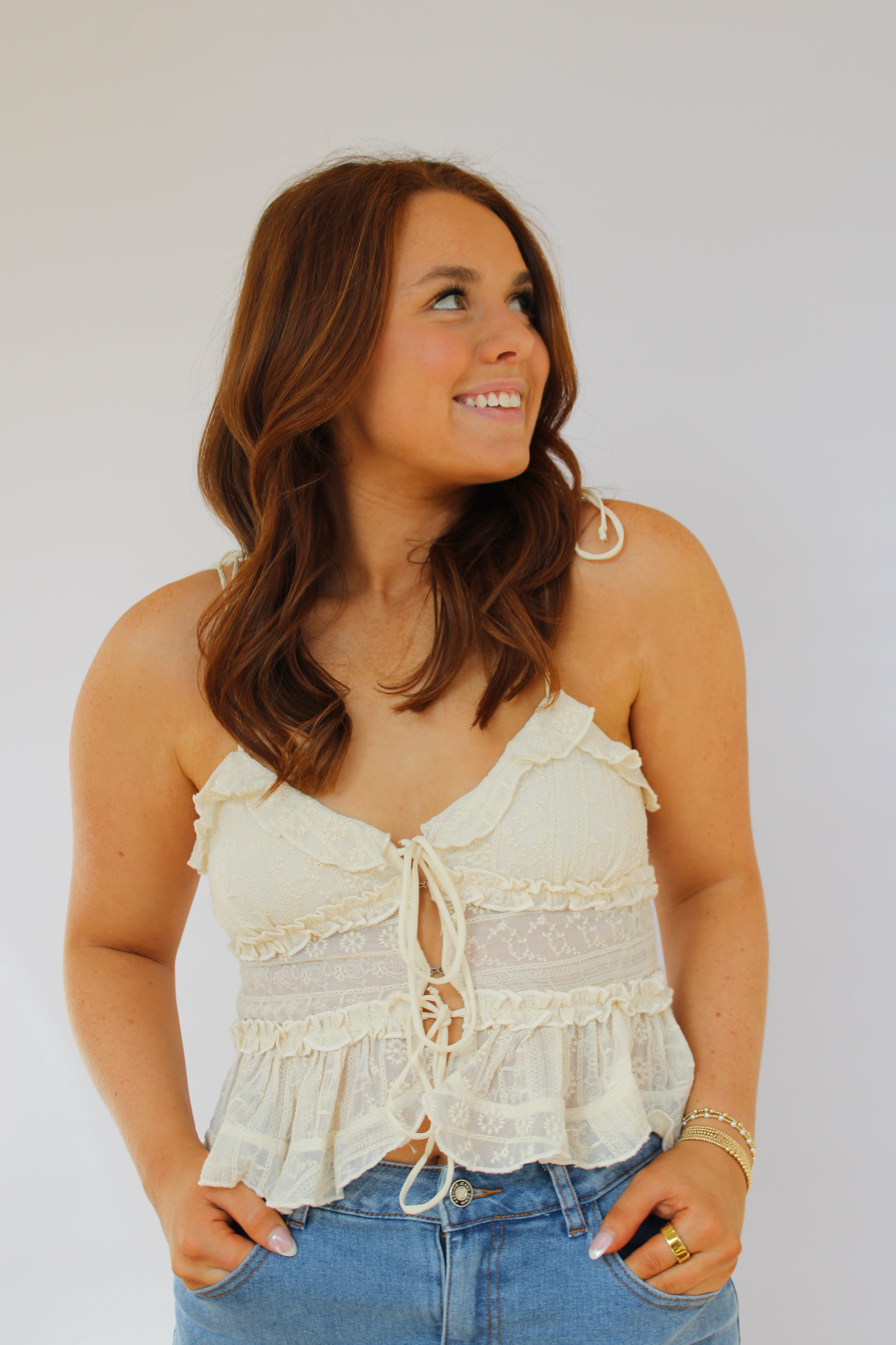 IVORY FLORAL TIE STRAP RUFFLE TIERED CROP TOP