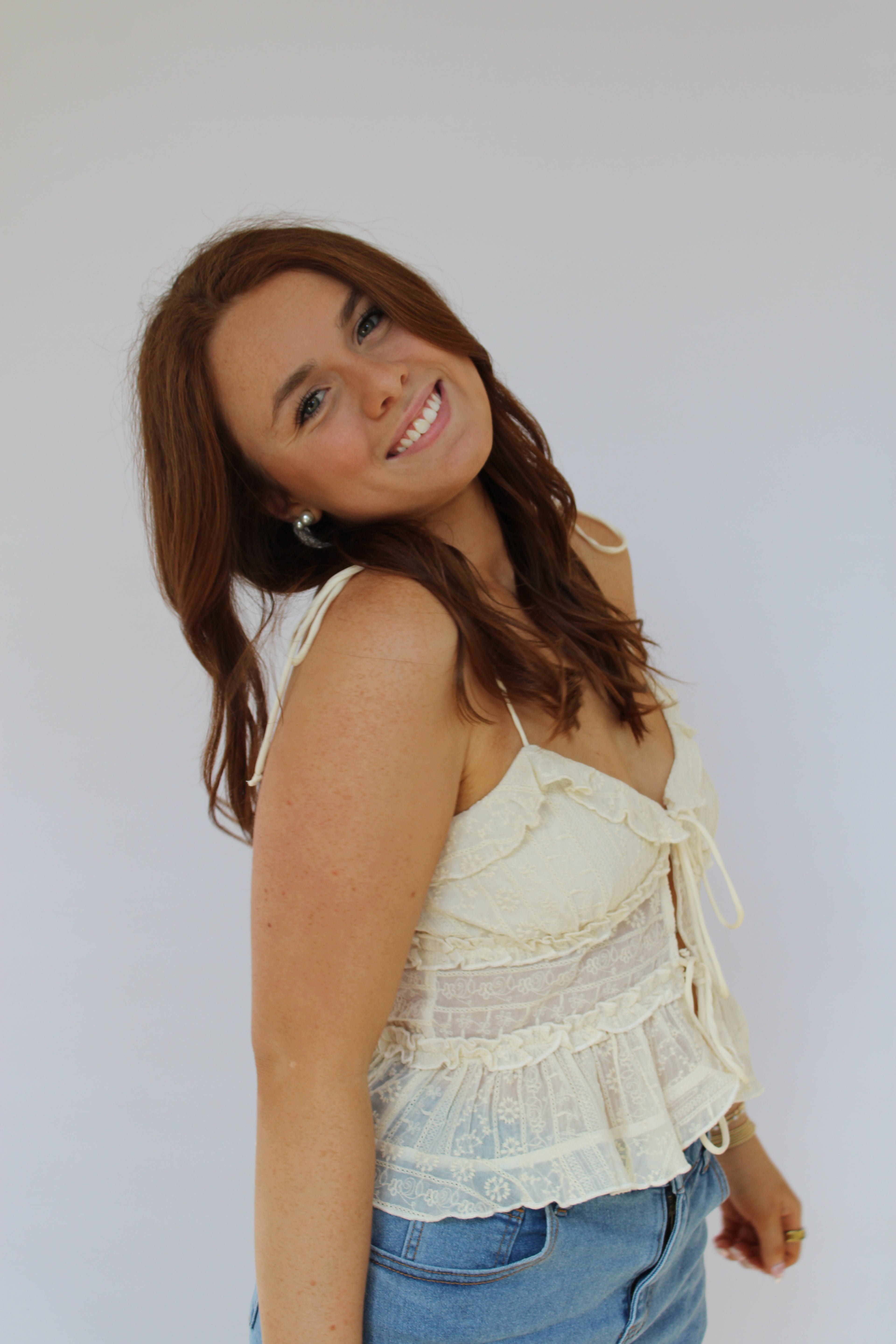 IVORY FLORAL TIE STRAP RUFFLE TIERED CROP TOP