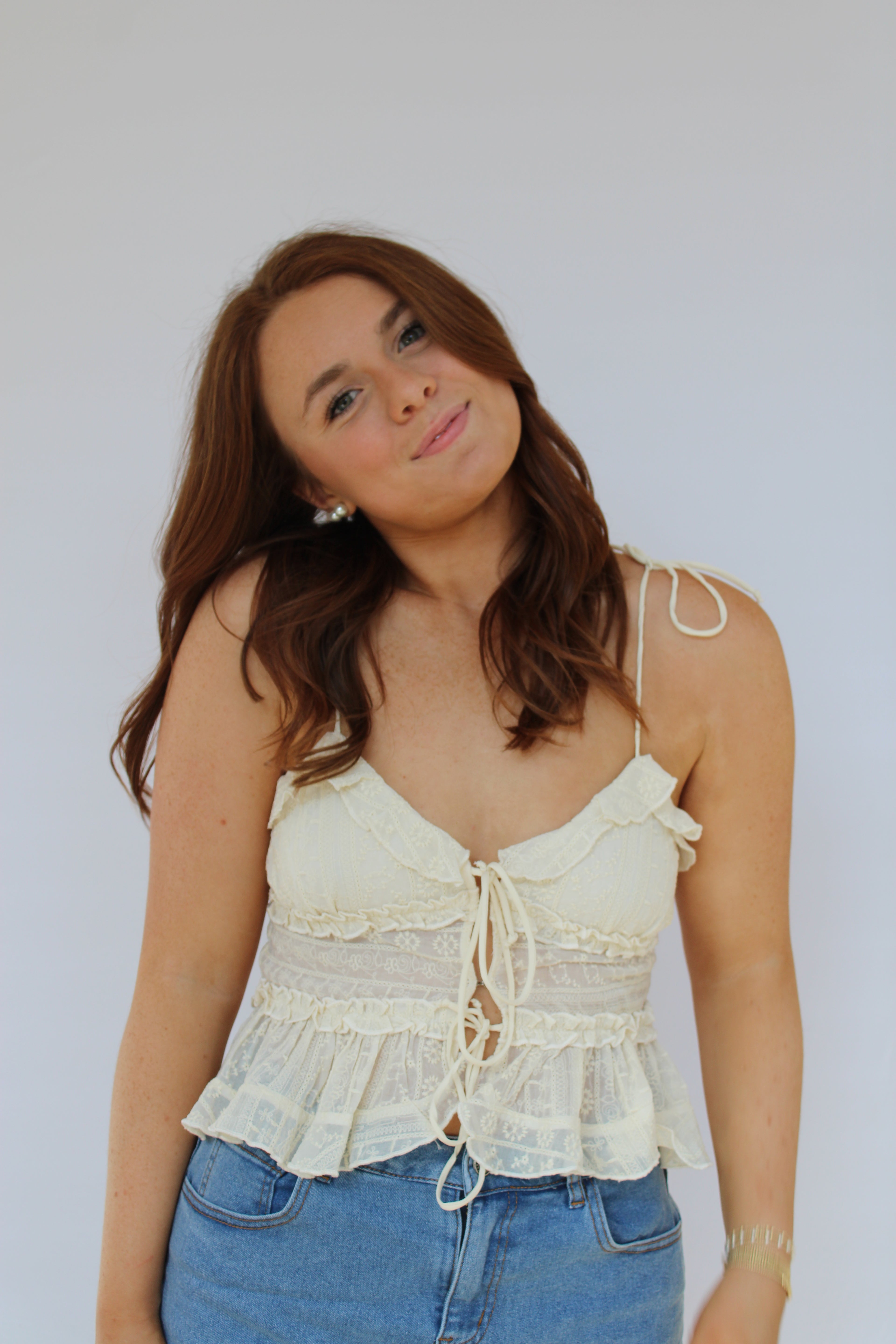 IVORY FLORAL TIE STRAP RUFFLE TIERED CROP TOP