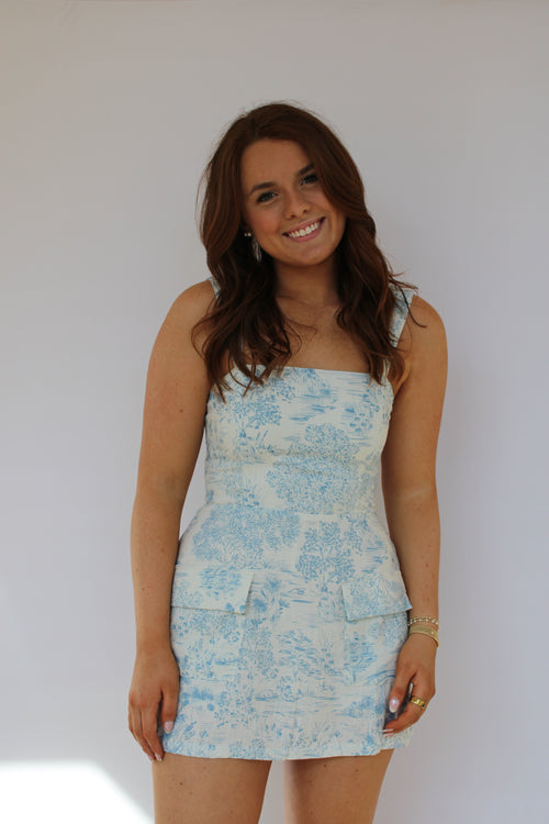 LOVELY POND PRINT MINI DRESS CASUAL MINI DRESS IN BLUE