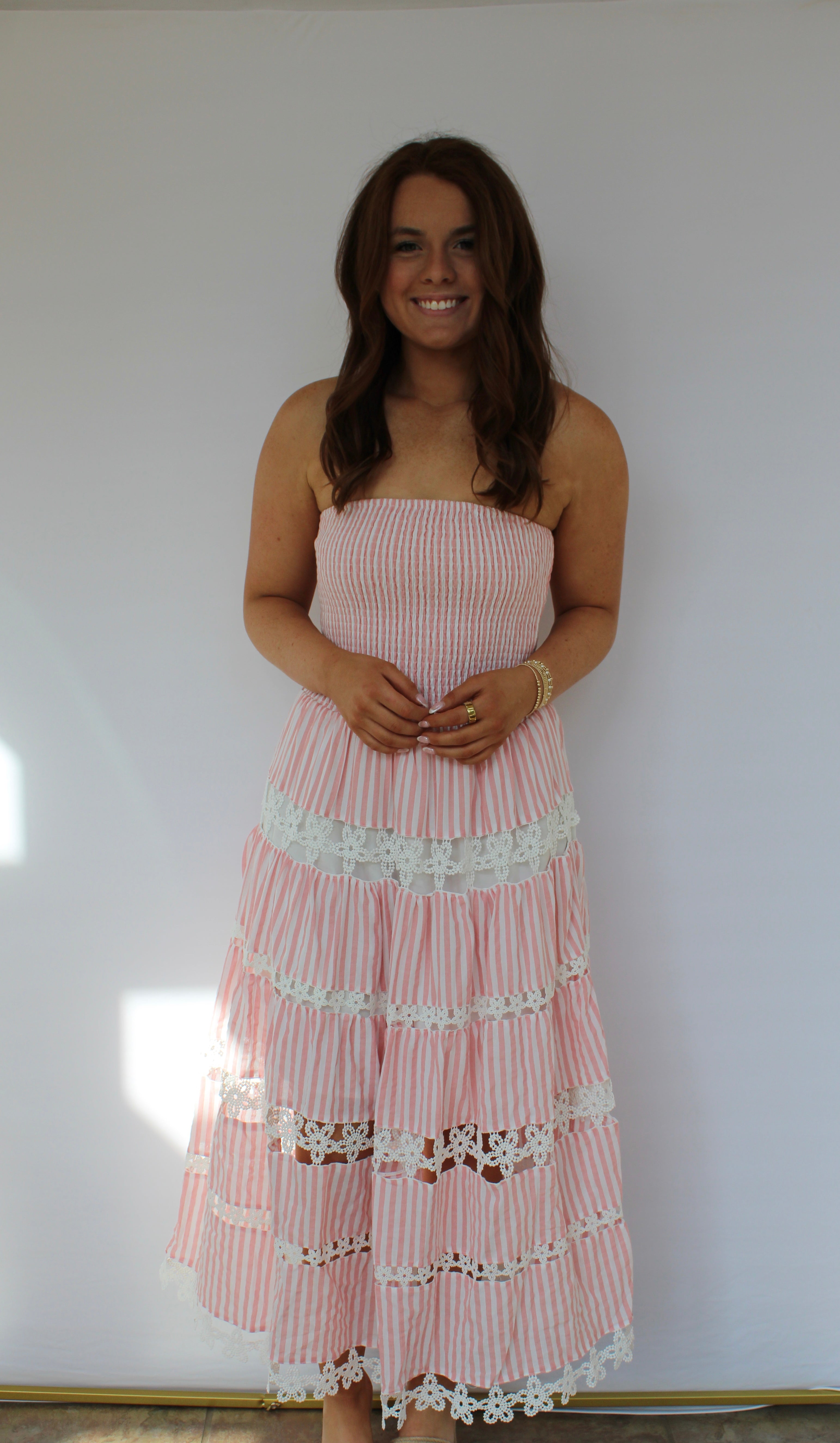 Pink Striped Floral Lace Tube Dress