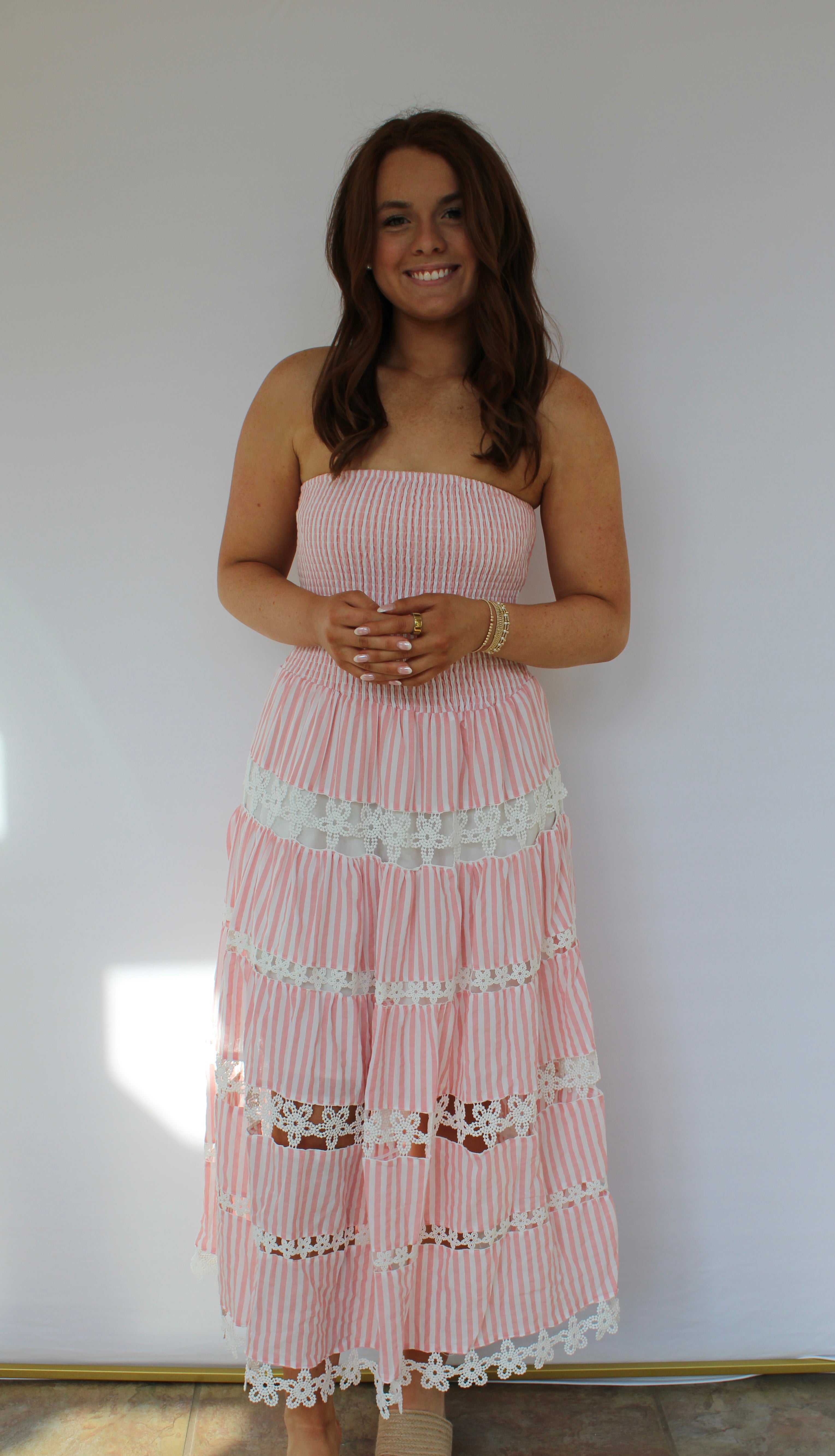 Pink Striped Floral Lace Tube Dress