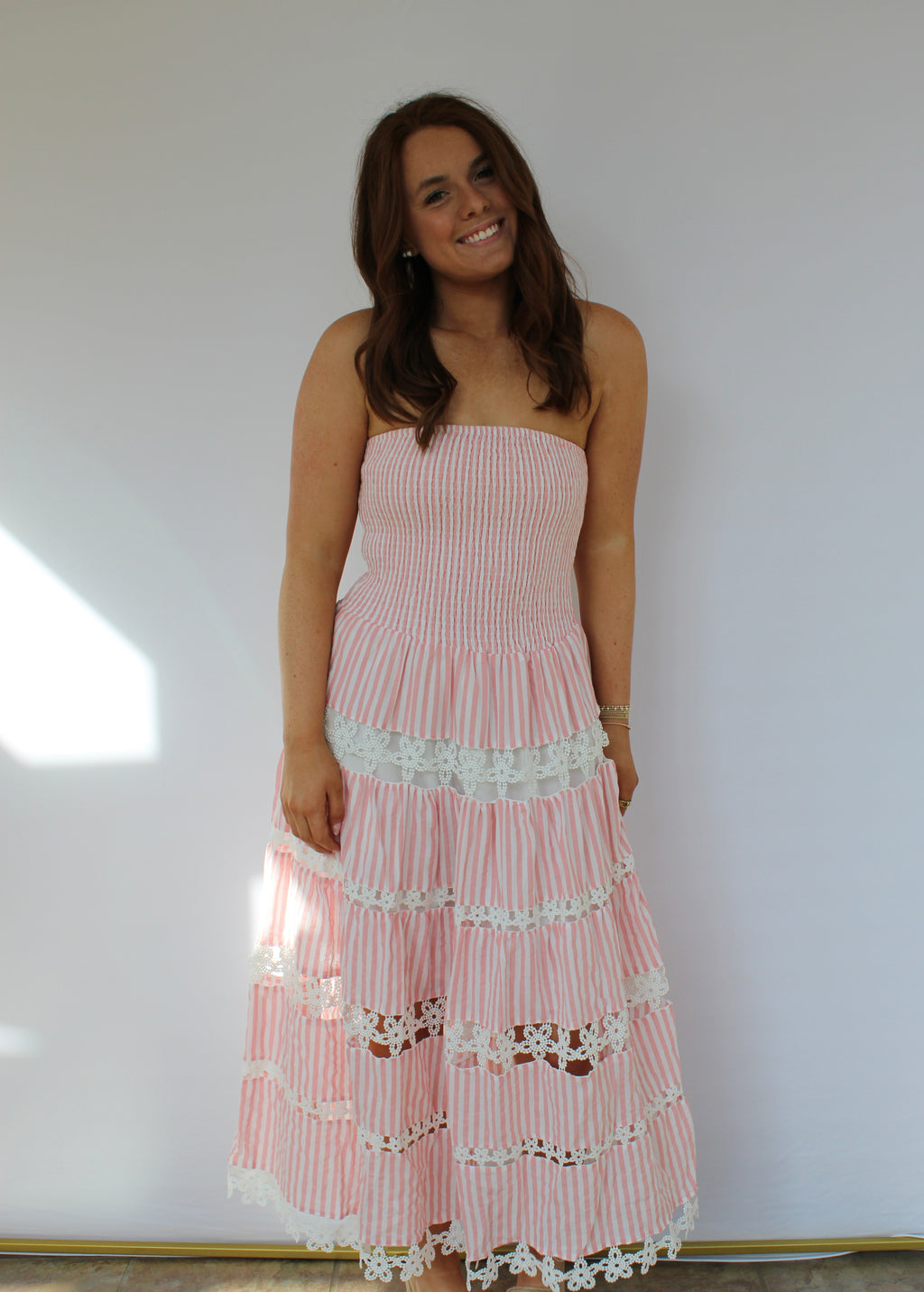 Pink Striped Floral Lace Tube Dress