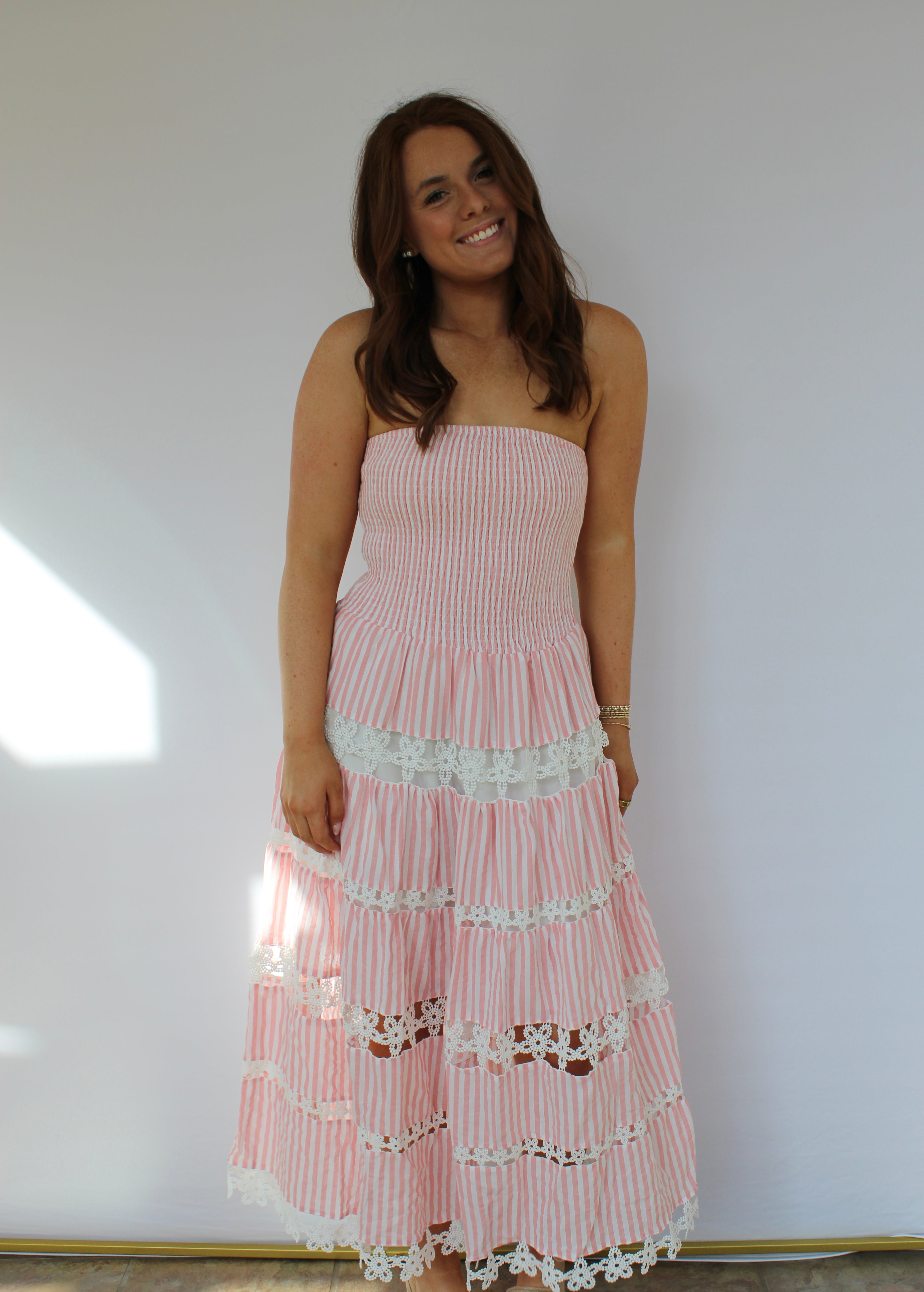 Pink Striped Floral Lace Tube Dress