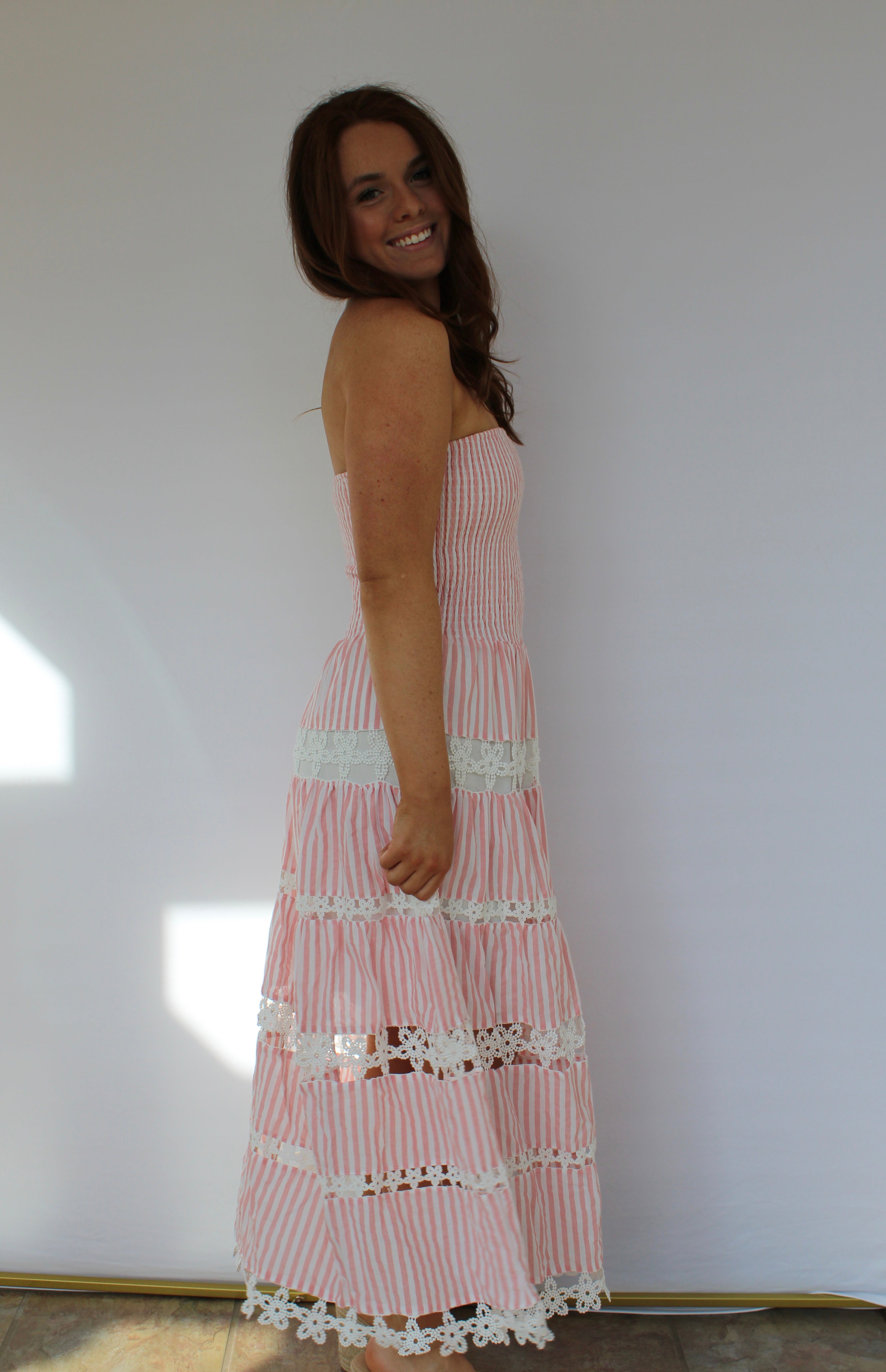 Pink Striped Floral Lace Tube Dress