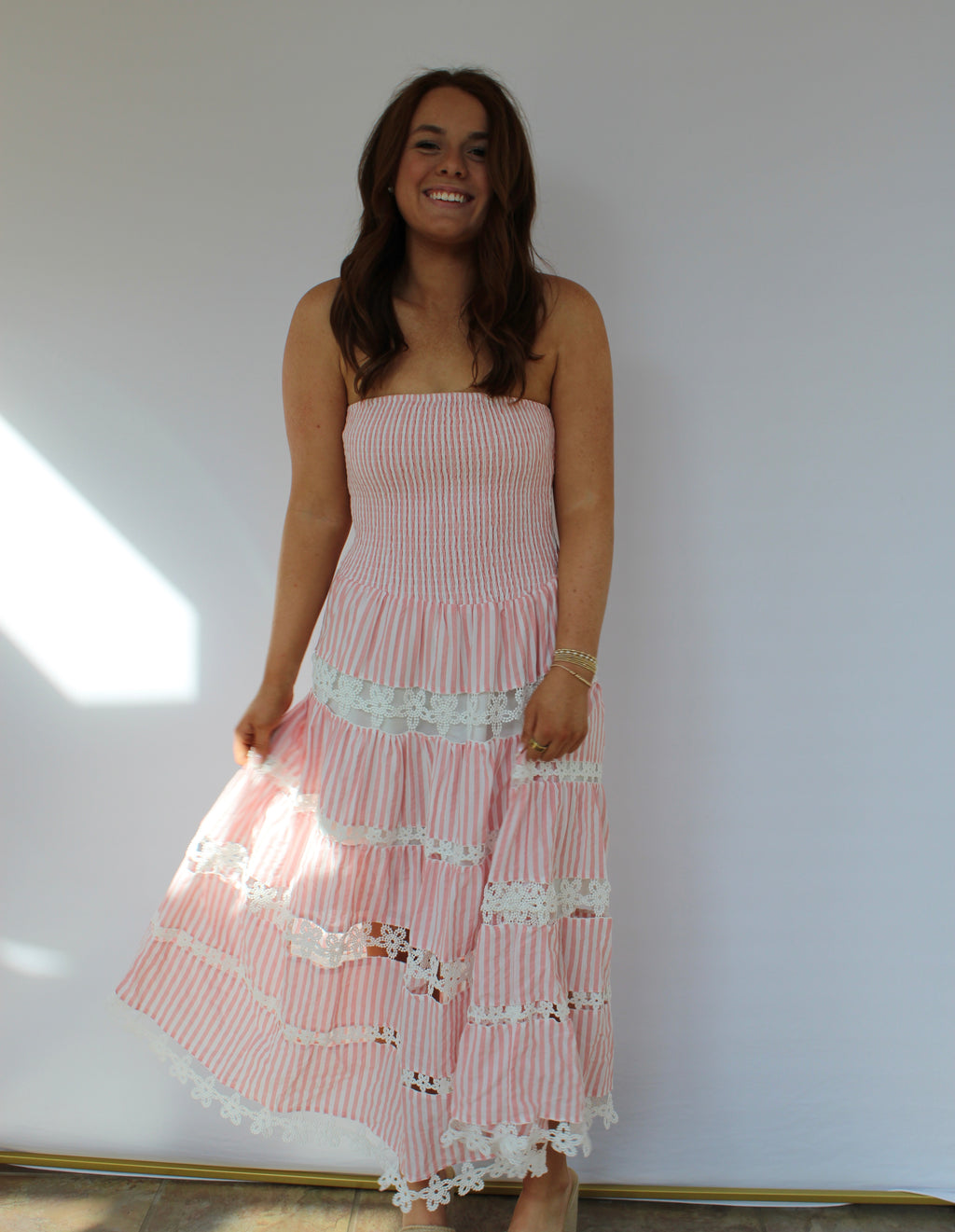 Pink Striped Floral Lace Tube Dress