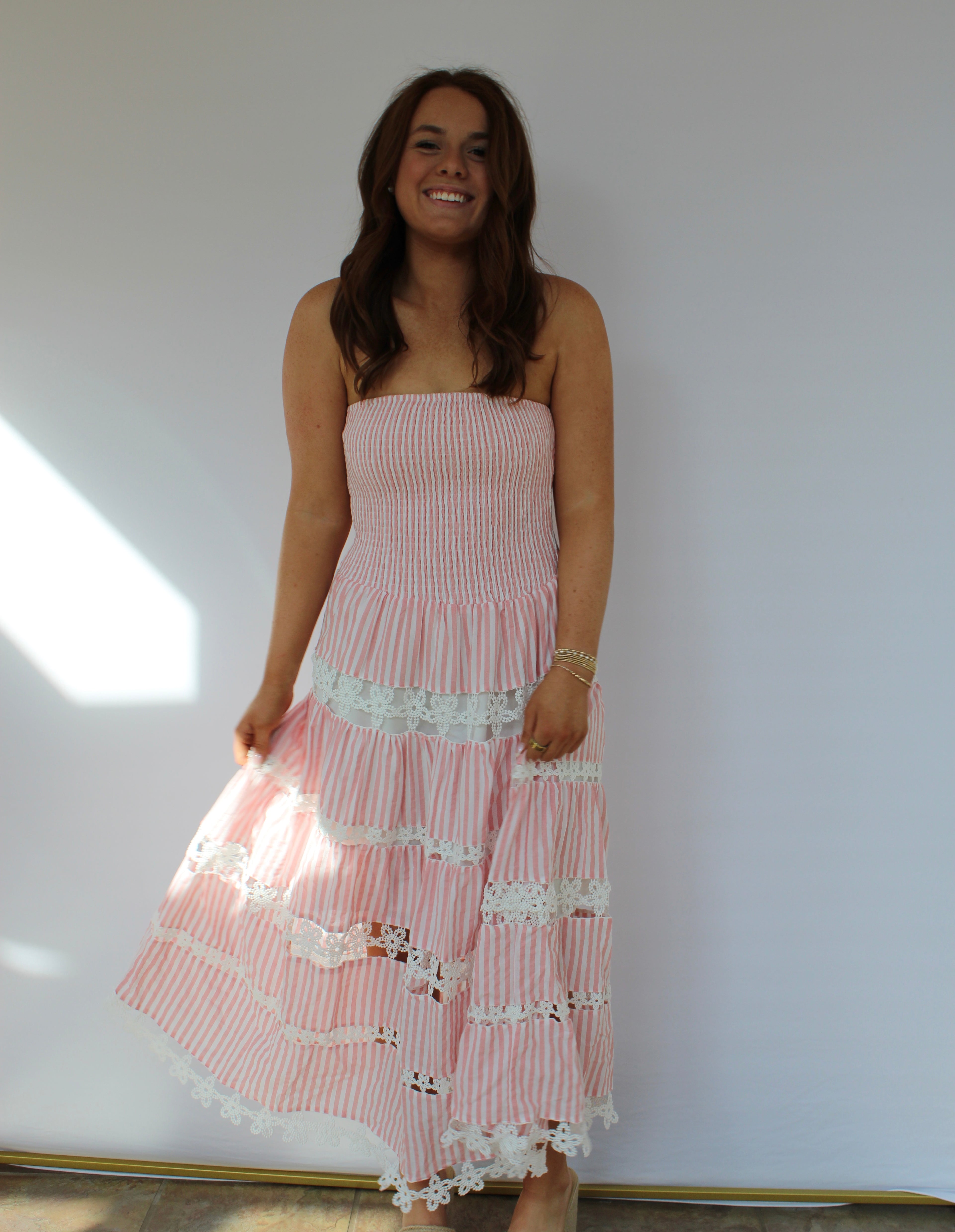 Pink Striped Floral Lace Tube Dress