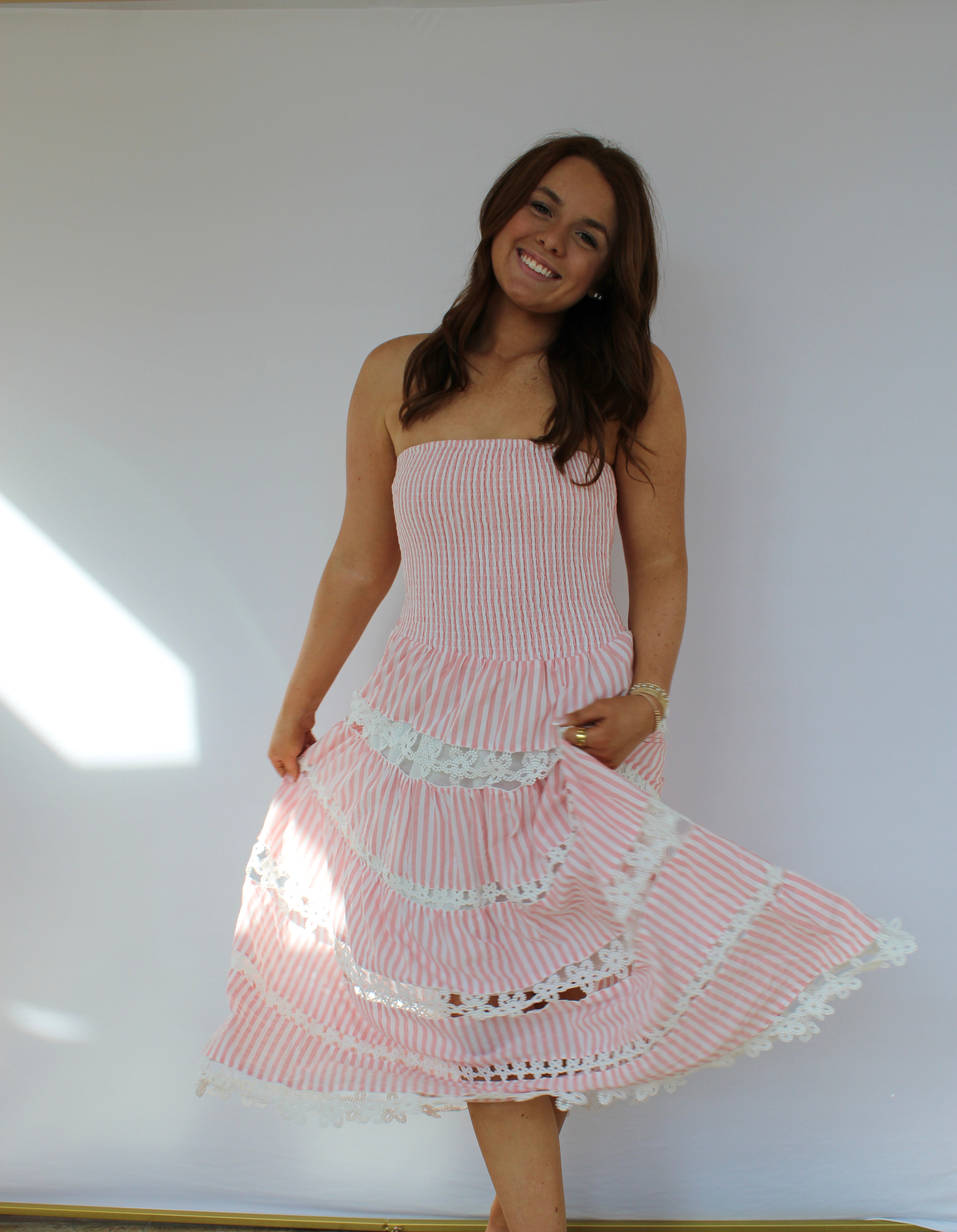 Pink Striped Floral Lace Tube Dress