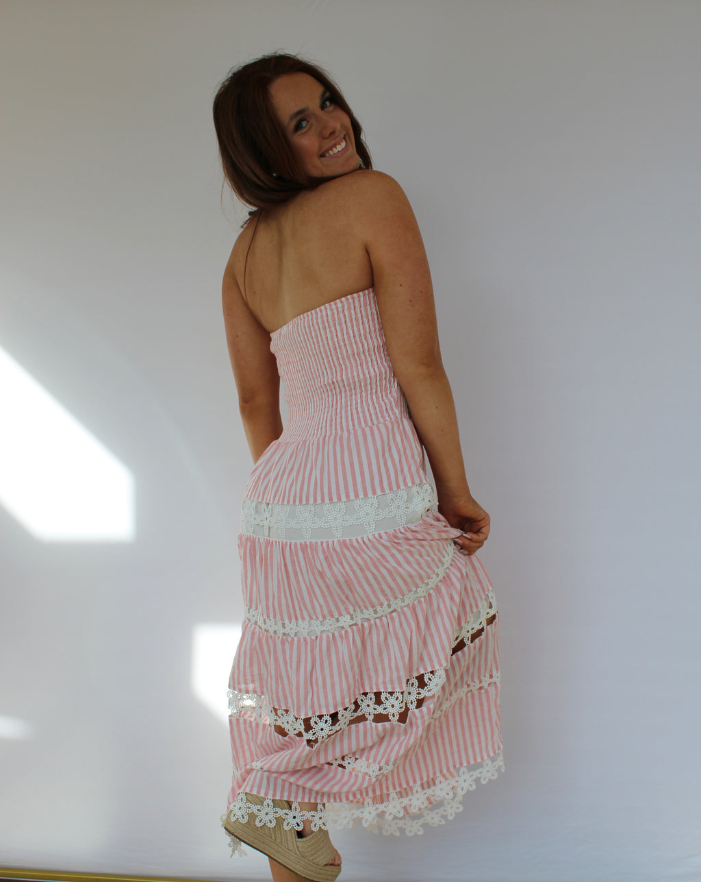 Pink Striped Floral Lace Tube Dress
