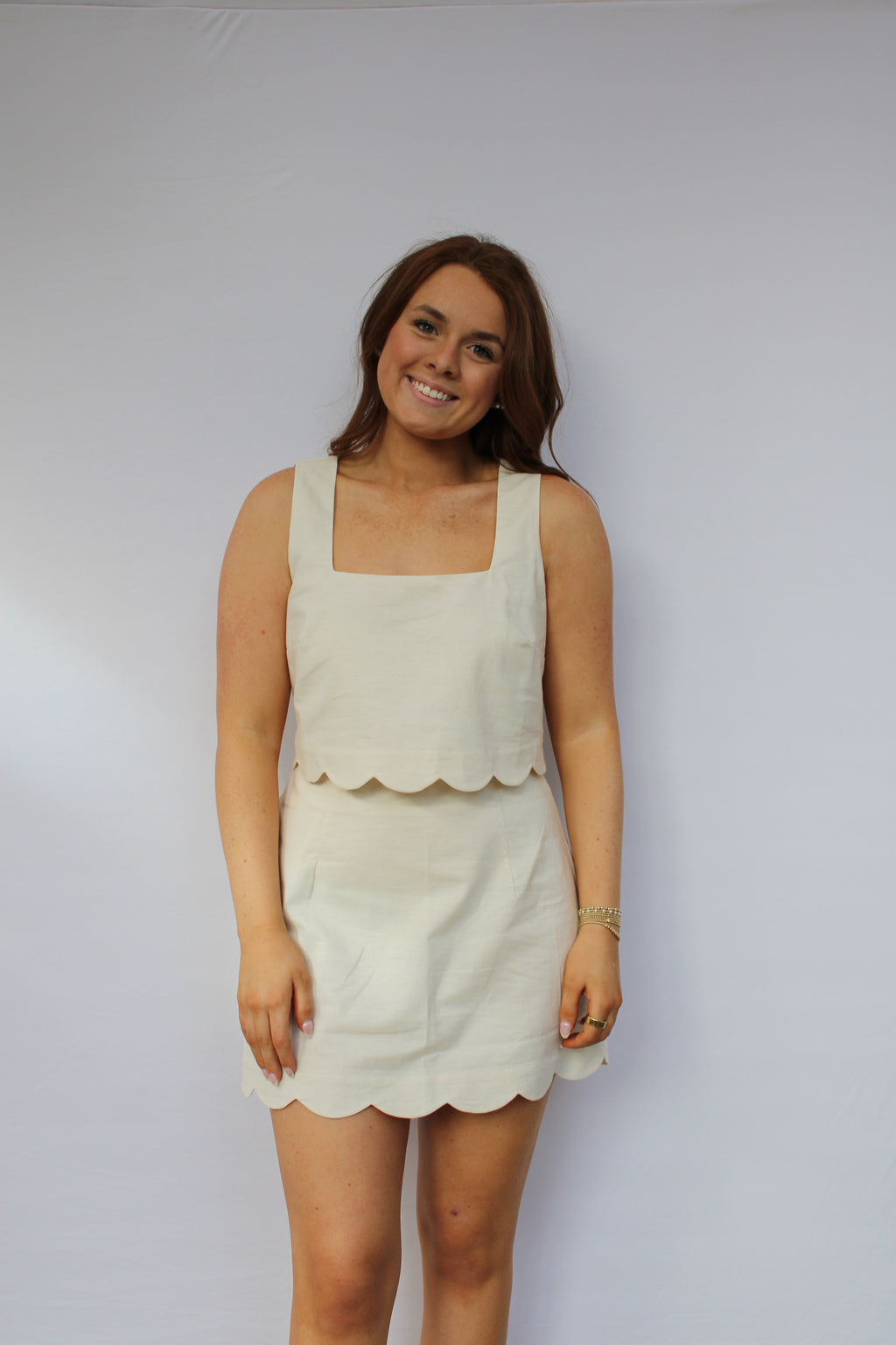 Sleeveless Scallop Hem Crop Top And Skirt Set